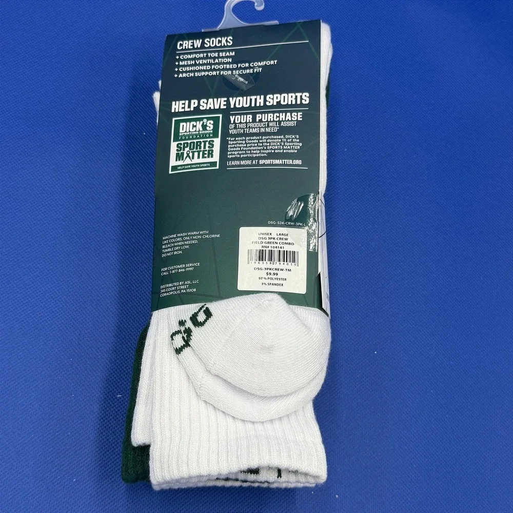 Dicks Crew Tube Socks NWT 3 Pack White Green Striped Mens 8-13 NEW Gym Retro Uni